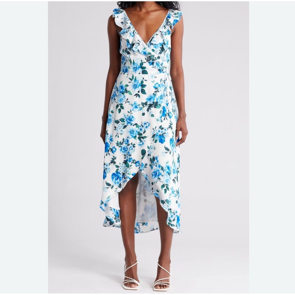 LUMIERE Floral Ruffle High-Low Wrap Dress White Size Large